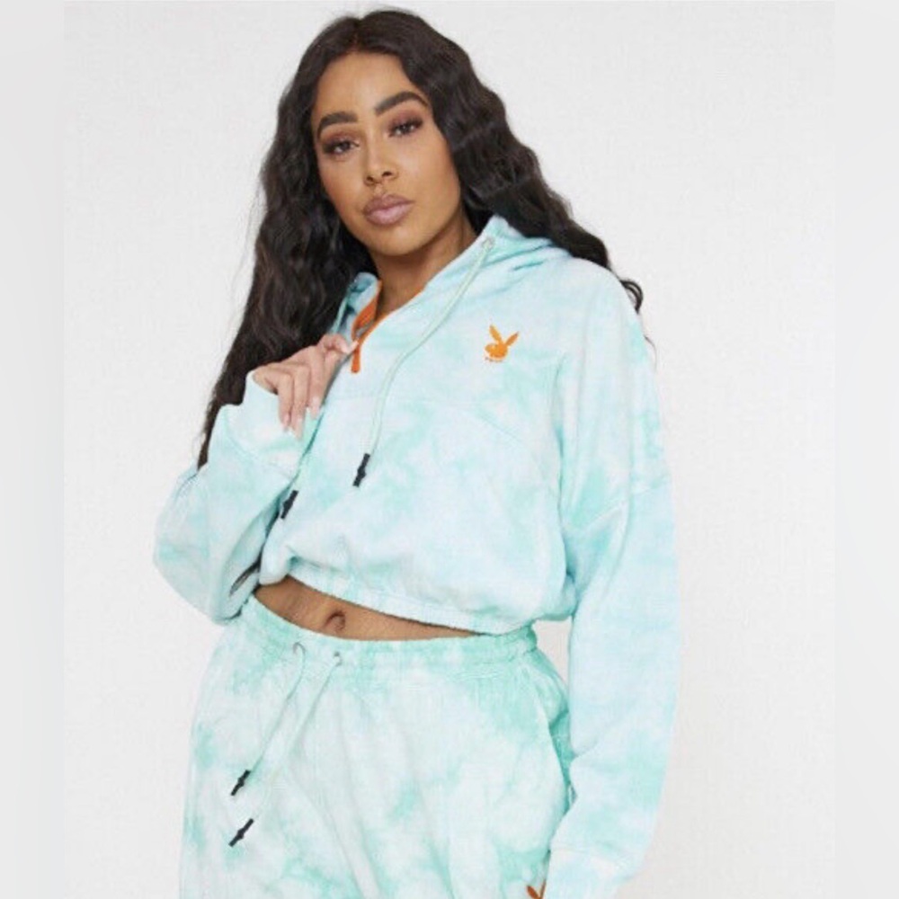 Playboy X Missguided Crop‎ Hoodie Sweatshirt Zip Neck Green Tie Dye Size large